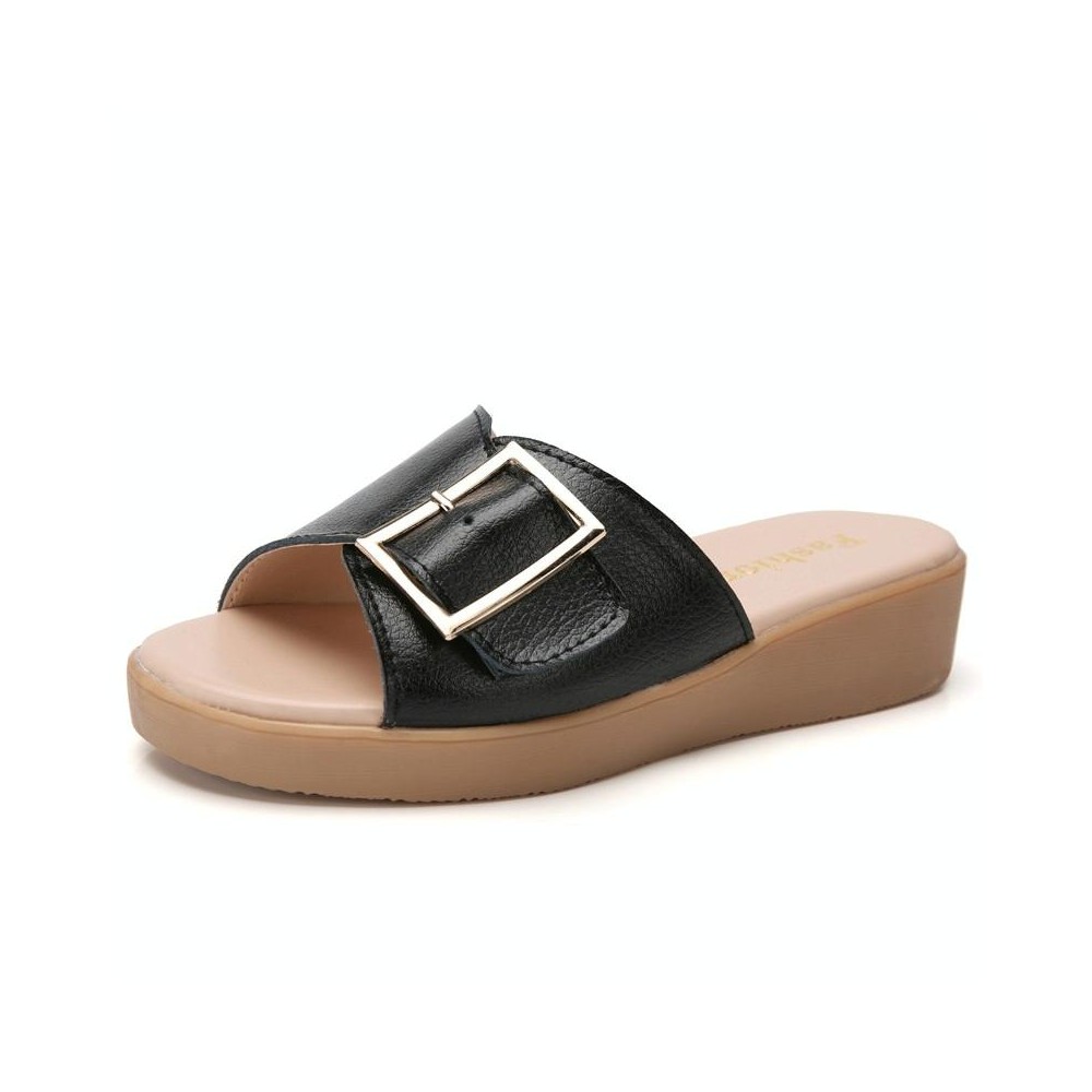 Casual Simple Non-slip Wear-resistant Square Buckle Beach Slippers Sandals for Women (Color:Black Size:39)