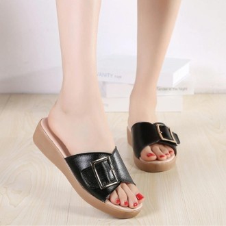 Casual Simple Non-slip Wear-resistant Square Buckle Beach Slippers Sandals for Women (Color:Black Size:39)