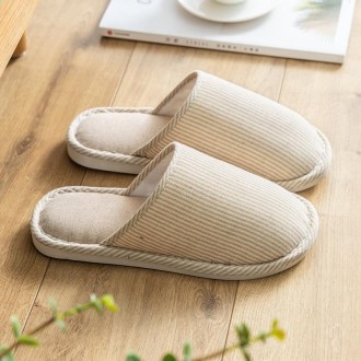 Autumn Winter House Slippers Striped Linen Non-Slip Soft Underside Cotton Flat Shoes, Size: 36-37(Beige)