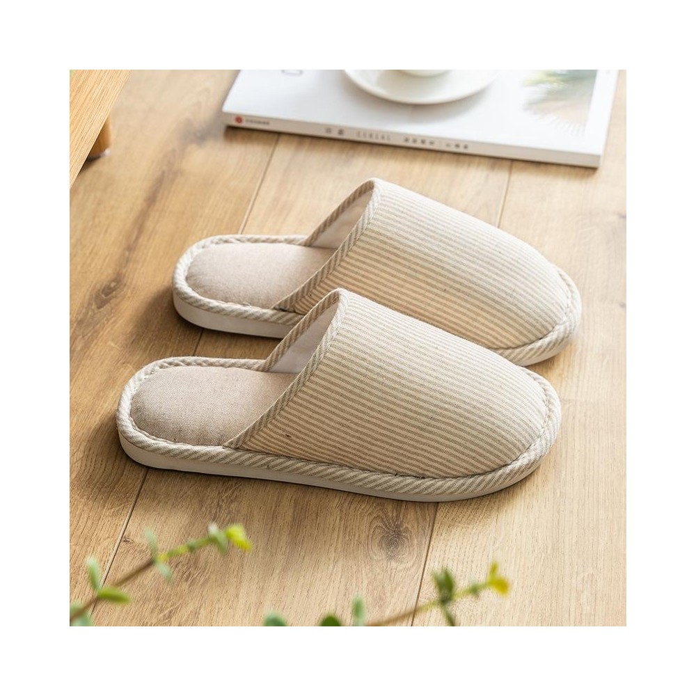 Autumn Winter House Slippers Striped Linen Non-Slip Soft Underside Cotton Flat Shoes, Size: 36-37(Beige)