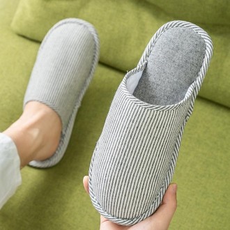 Autumn Winter House Slippers Striped Linen Non-Slip Soft Underside Cotton Flat Shoes, Size: 36-37(Beige)