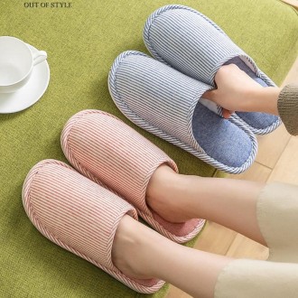 Autumn Winter House Slippers Striped Linen Non-Slip Soft Underside Cotton Flat Shoes, Size: 36-37(Beige)