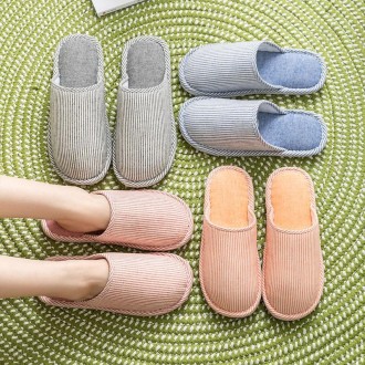 Autumn Winter House Slippers Striped Linen Non-Slip Soft Underside Cotton Flat Shoes, Size: 36-37(Beige)