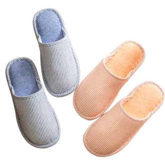 Autumn Winter House Slippers Striped Linen Non-Slip Soft Underside Cotton Flat Shoes, Size: 36-37(Beige)