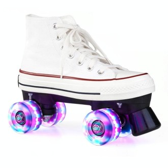 Flash Roller Skates Shoes Adult Children Four-Wheel Canvas Roller Skates Shoes Double Row Roller Skates Shoes, Size: 39(White + 