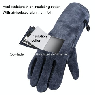 Cowhide BBQ Gloves Thickened Anti-hot Oven Welding Protection Gloves, Specification: A2416 14 inch Gray