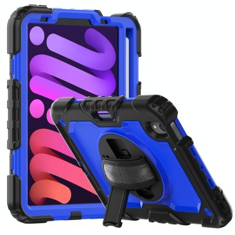 For iPad mini 6 Shockproof Silicone + PC Protective Tablet Case with Holder & Shoulder Strap & Pen Slot(Blue + Black)