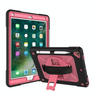 For iPad 9.7 Contrast Color Silicone + PC Combination Case with Holder(Black + Rose Red)