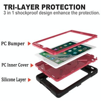 For iPad 9.7 Contrast Color Silicone + PC Combination Case with Holder(Black + Rose Red)