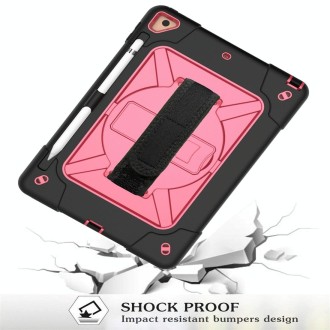 For iPad 9.7 Contrast Color Silicone + PC Combination Case with Holder(Black + Rose Red)