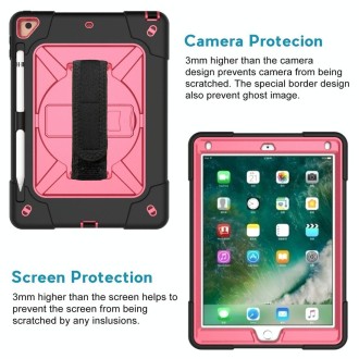 For iPad 9.7 Contrast Color Silicone + PC Combination Case with Holder(Black + Rose Red)