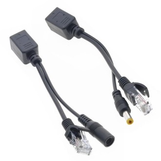 2 in 1 RJ45 POE Injector and Splitter Cable Set with 2.1x 5.5mm Female & Male DC Jack(Black)