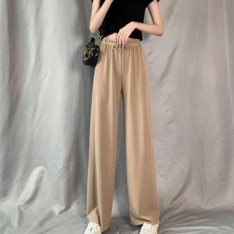 Summer Ice Silk Drooping Wide-Leg Pants High-Waisted Loose Straight Leg Lounge Pants, Size: M(Khaki)