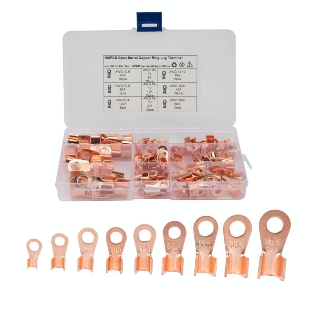 100 PCS Icstation Open Barrel Pure Copper Ring Lug Wire Crimp Terminals Assortment Kit