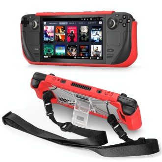 For Steam Deck Shockproof Game Console Case with Holder & Shoulder Strap(Red+Transparent)