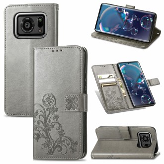 For Sharp R6 Four-leaf Clasp Embossed Buckle Mobile Phone Protection Leather Case with Lanyard & Card Slot & Wallet & Bracket Fu