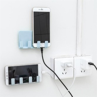 Practical Wall Sticking Phone Charging Holder Socket Strong Sticky Adhesive Sopport Rack Shelf With Hooks(Blue)