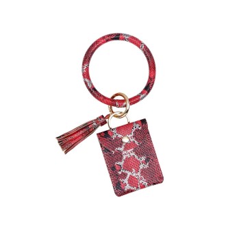 Wrist Keychain Coin Purse PU Leather Snake Print Bracelet Card Case(Red)