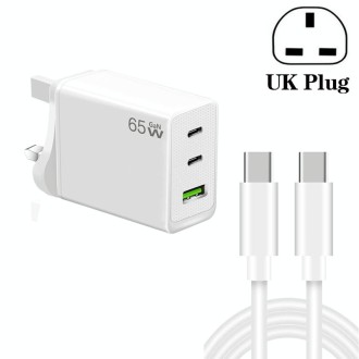 GaN PD65W Type-C x 2 + USB3.0 Charger with Type-C to Type-C Data Cable ,UK Plug(White)