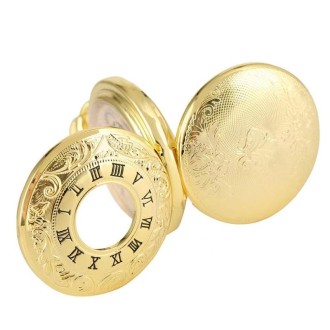 pm240 Classic Double Open Double Face Vintage Manual Mechanical Pocket Watch with Roman Lettering(Round Opening Gold Shell Gold 