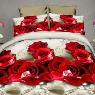 4pcs / Set Cotton 3D Rose Bedding Sets Soft Duvet Cover Bedsheet Pillowcase Reactive Printed Bedclothes Queen Bed(Red Rose)