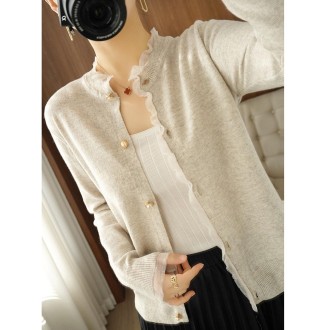 Pearl Button Crew Neck Lace Trim Cardigan Sweater (Color:Beige Size:One Size)