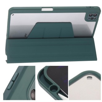 For iPad Air 13 2024 / Pro 12.9 2022/2021/2020/2018 3-Fold 360 Rotation Acrylic Leather Smart Tablet Case(Deep Green)