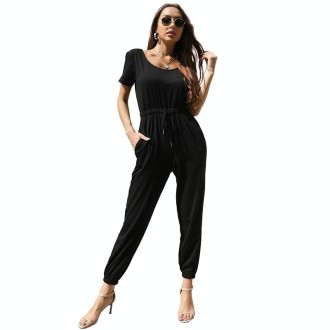 Loose Solid Lace-up Casual Trousers Jumpsuit (Color:Black Size:XL)