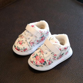 Winter Print Flower PU Leather Infant Warm Snow Boots, Size:24, Color:White