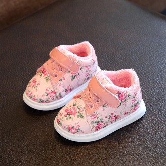 Winter Print Flower PU Leather Infant Warm Snow Boots, Size:25, Color:Pink