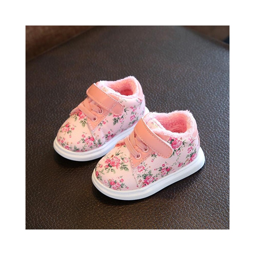 Winter Print Flower PU Leather Infant Warm Snow Boots, Size:22, Color:Pink