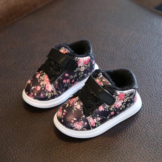 Winter Print Flower PU Leather Infant Warm Snow Boots, Size:19, Color:Black