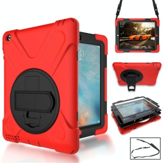 360 Degree Rotation Silicone Protective Cover with Holder and Hand Strap and Long Strap for iPad mini 4(Red)