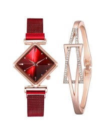 2 SET Ladies Diamond Dial Quartz Watch, Colour: Red + Bracelet