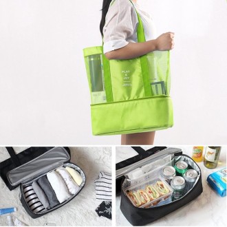 Portable Double Layer Mesh Sport Duffel Beach Picnic Shoulder Storage Bag Handbag(Green)