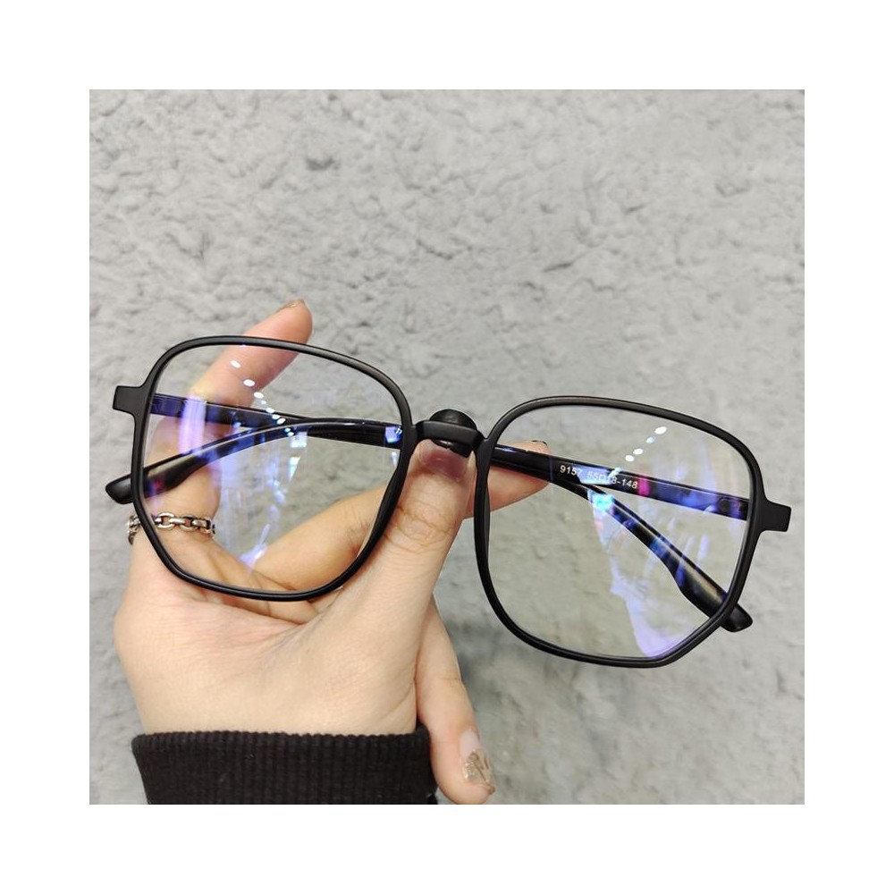 Literary Retro Anti-Blue Light Glasses Frame Light Polygonal Frame Flat Lens Eyeglass(Matte Black)