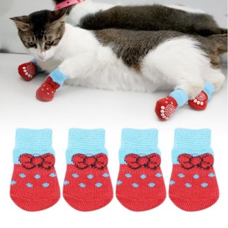 4pcs /Set  Pet Dog Puppy Cat Shoes Slippers Non-Slip Socks Pet Cute Indoor for Small Dogs Cats Snow Boots Socks, Size:S(Red)