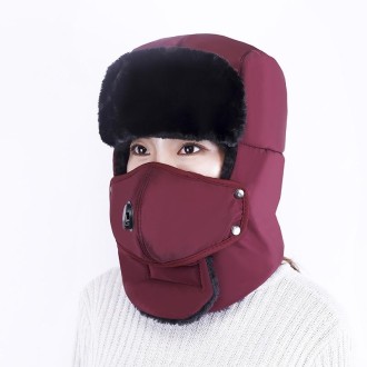 L-1-168 Winter Outdoor Sports Windproof Warm Bomber Hat with Breather Valve Mask(Dark Red)