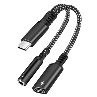 2 in 1 USB-C / Type-C Male to PD 60W USB-C / Type-C Charging + 3.5mm Audio Female Earphone Adapter (Black)