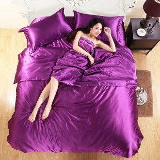 Pure Satin Silk Bedding Set Home Textile Bed Set Bedclothes Duvet Cover Sheet Pillowcases, Size:1.5m bed four-piece set(Purple)