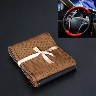 Car Genuine Leather Hand-stitched Adaptation Steering Wheel Cover, For Steering Wheel Size 37-38cm(Brown)