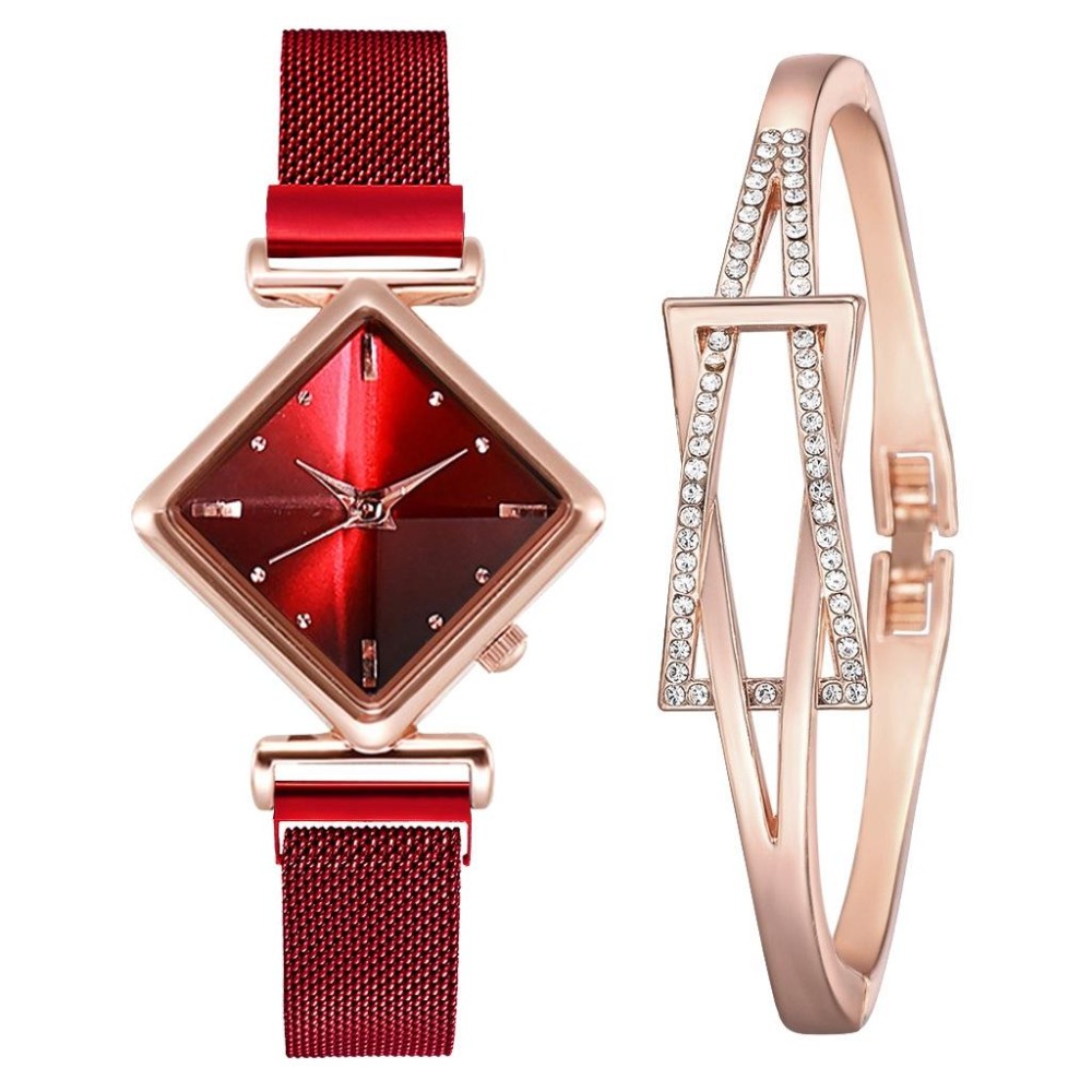 Ladies Diamond Dial Quartz Watch, Colour: Red + Bracelet