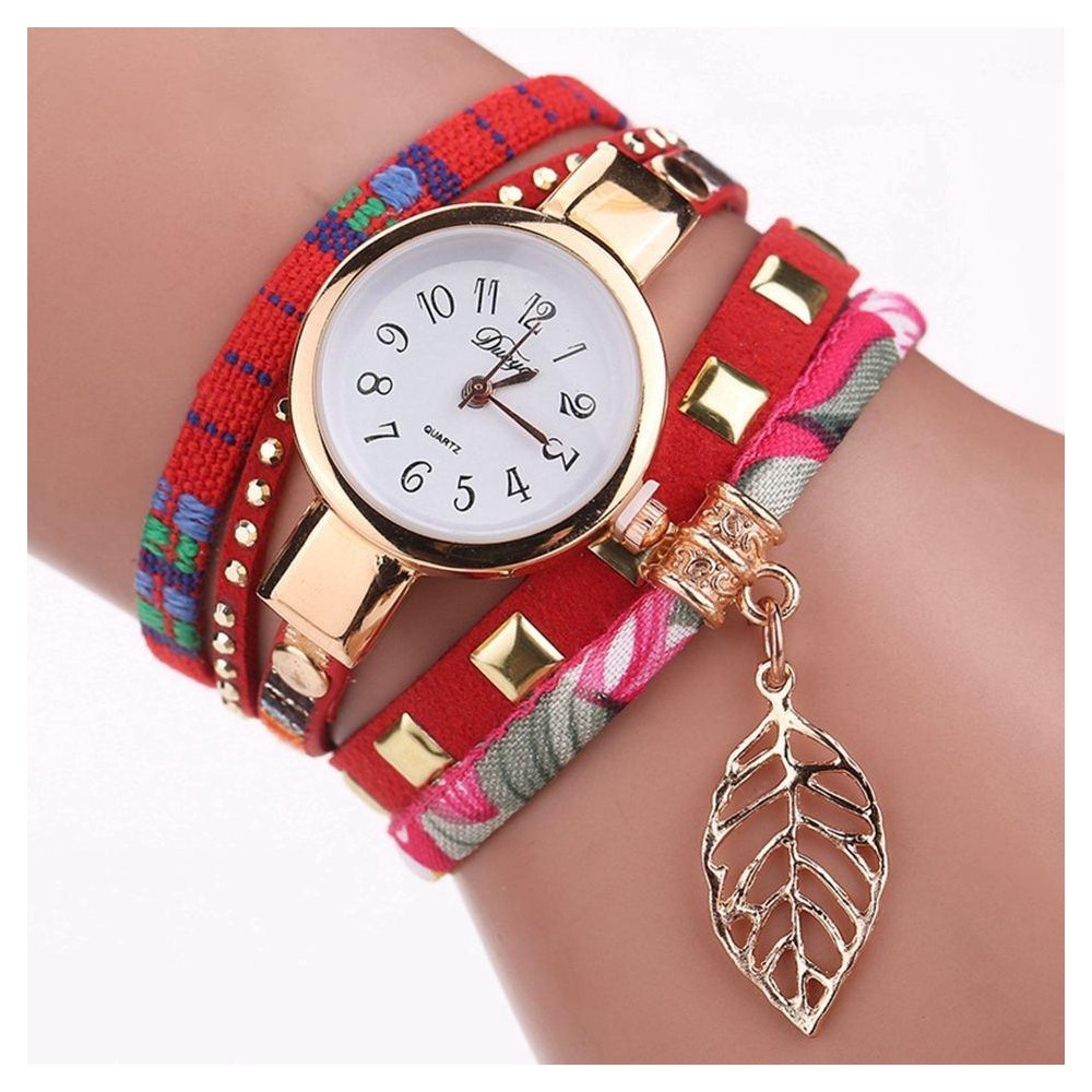 Ladies Quartz Bracelet Watch with Leaf Shape Pendant(Red)