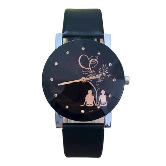 Couple Back View Pattern Leather Strap Quartz Watch(Black for Woman)