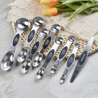 8 in 1 Magnetic Double-Headed Measuring Spoon Stainless Steel Measuring Spoon Set(Black)