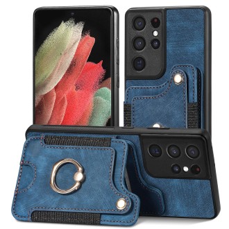 For Samsung Galaxy S21 Ultra 5G Retro Skin-feel Ring Multi-card Wallet Phone Case(Blue)