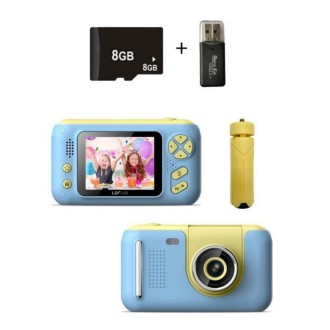 2.4 Inch Children HD Reversible Photo SLR Camera, Color: Yellow Blue + 8G Memory Card + Card Reader