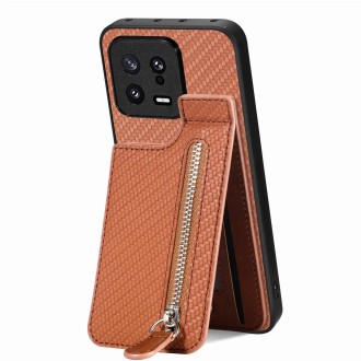 For Xiaomi 13 Carbon Fiber Vertical Flip Zipper Phone Case(Brown)