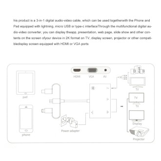 3 in 1 8 Pin + Micro USB + Type-C to AV + HDMI + VGA 15 Pin HD Screen Player Adapter Converter with Audio