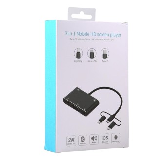 3 in 1 8 Pin + Micro USB + Type-C to AV + HDMI + VGA 15 Pin HD Screen Player Adapter Converter with Audio